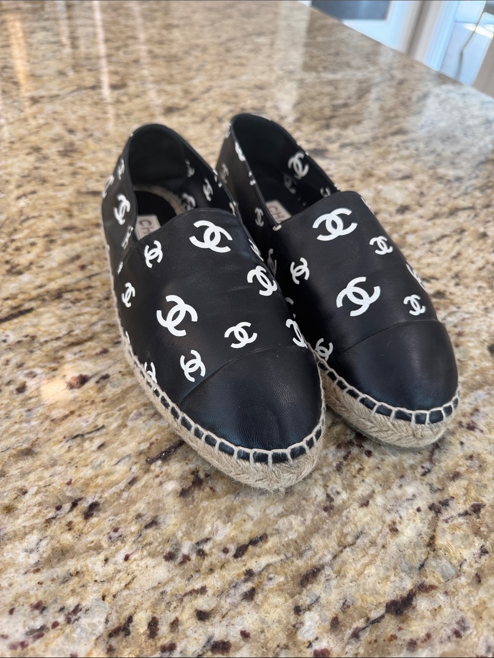 CHANEL Black and White CC Logo Espadrille Flats